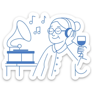 old lady with wineglass listening to gramophone sticker