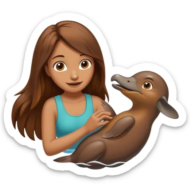 long brownhaired woman playing with platypus sticker