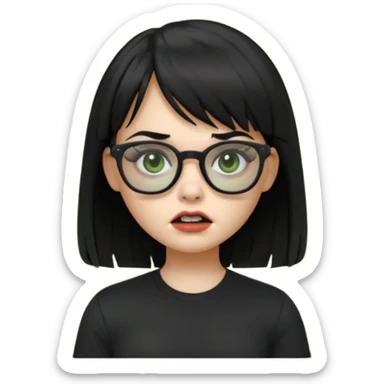 A zombie girl in Apple Memoji format with straight black hair with bangs, wearing a black shirt and black glasses sticker