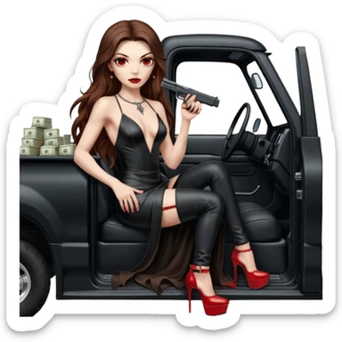 Lilith symbol red eye seductress evil long brown haired sexy succubus woman with leather long dress with slit on, sitting in Big Large F350 pickup truck. Platform long high heels on feet. Back seat full of stacks of cash, she is  Holding a human skull of her enemies in car and a gun in other hand sticker