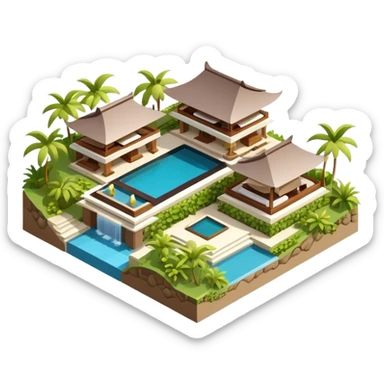 isometric exterior luxury balinese resort, 3d realistic sticker