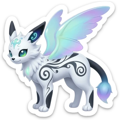 Rare neon iridescent white exotic cute epic aesthetic gothic colorful Salandit-Eevee-Civet-species-Fakemon-hybrid-creature, with intricate tattoo markings, full body sticker