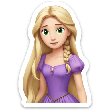 Rapunzel from hips up, lavender purple dress, extra long flowing blonde hair, green eyes, minimal style but very recognizable sticker