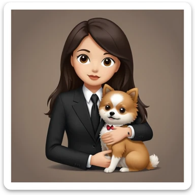 Beautiful woman long dark brown hair wearing black suit and tie hug a half Pomeranian and shitzu dog sticker