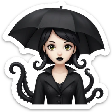 goth lady with tentacles, holding a black umbrella, tentacles emerging from her back sticker