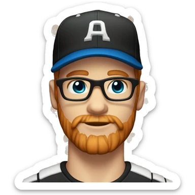 30 year old male male with red hair, glasses, black baseball hat, blue eyes, pale complexion, and a beard sticker