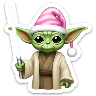 Yoda with pink Santa hat and candy cane lightsaber sticker