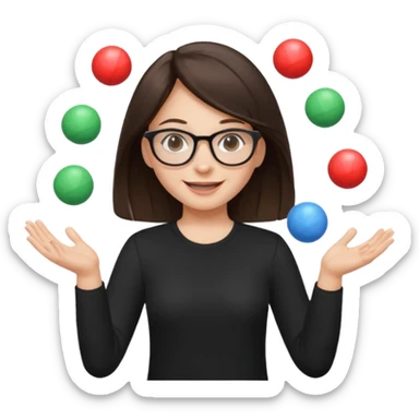 a brunette girl in a black shirt wearing glasses is  juggling  with two hands and smiling  sticker