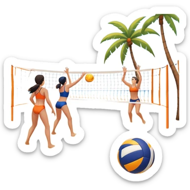 A volleyball resting on the orange sand of a beach, with a volleyball net in the background. The scene includes a beautiful beach landscape with blue sea, sky, and palm trees, while a couple of women in swimsuits play in the distance, capturing the relaxed yet competitive vibe of beach volleyball. sticker