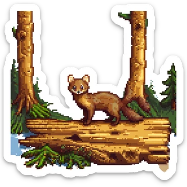 a pine marten pixelated 16-bit style standing on a log sticker