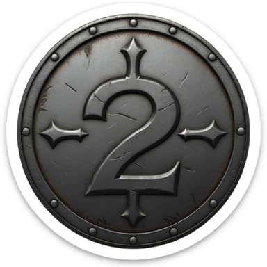 Minimal emoji, gothic metal coin made of black steel, engraved number 2 at the center, ancient industrial aesthetic, worn metal texture, no glow, no neon, flat emoji design, centered, transparent background sticker