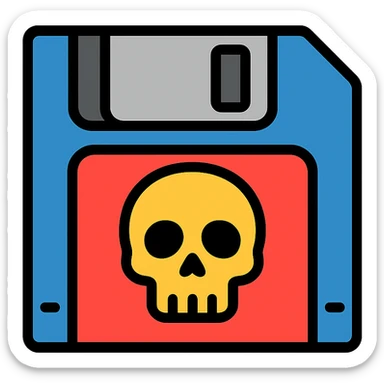 floppy disc with a skull motif, color outline icon sticker