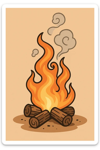 simple campfire with 2-3 logs, no people, fire and smoke with slightly hypnotizing swirling quality, minimal and clear design sticker