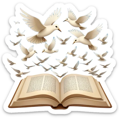 Icon for Poetry Reading: an open book with verses on the pages, from which fly pages transforming into a large flock of small white birds soaring into the blue sky. The icon should evoke the freedom and beauty of poetry. Transparent background. sticker