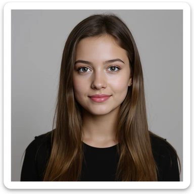 realistic portrait of a girl with long straight brunette hair and blue eyes, photographic style, natural pose, plain background sticker