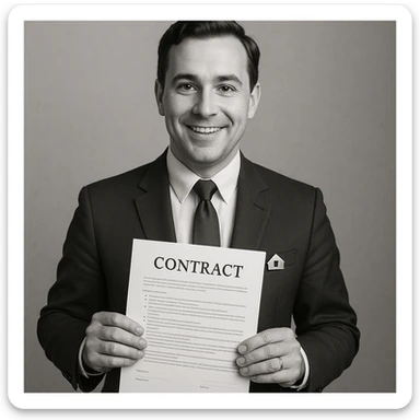 classic style real estate agent wearing a suit, holding a contract, friendly expression sticker