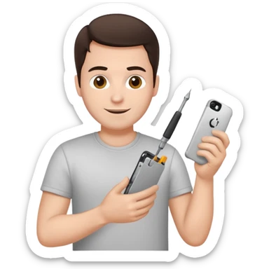 make a white guy with dark brown hair, with a simple white o grey shirt, repairing an iphone happy, tecnician with small real tools for phone sticker