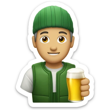 una persona con un chaleco verde y el logo de LA ONCE bebiendo una cerveza sticker