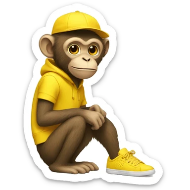 A monkey wearing yellow clothes with a yellow sneaker sticker