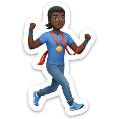 friendly anthropomorphised black stallion in jeans and a t-shirt, jogging upright in standard pose, holding a medal sticker