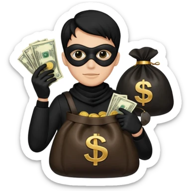 создай человека в черное одежде и черной маске с большим мешком денег в руках sticker
