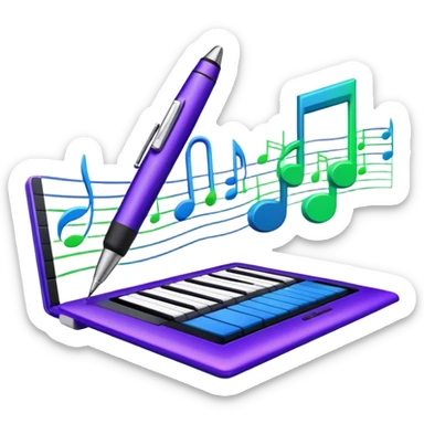 Create a creative and inspiring emoji that represents writing music tracks. The design should feature musical notes, a pen or pencil, and a digital audio workstation (DAW) interface or a computer screen with a visible waveform, symbolizing the process of composing and arranging a track. Add elements like a metronome or a pair of headphones to reflect the recording and editing aspects. Use vibrant colors like electric blue, purple, or neon green to represent creativity and innovation in music production. The background should be transparent. sticker