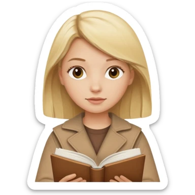 Blonde girl in brown clothes reading a beige book sticker