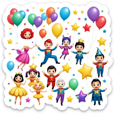 Icon for Animated Movies: A vibrant, colorful collage featuring iconic characters from popular animated films. Include cheerful, playful figures with exaggerated features, bright costumes, and whimsical elements like floating balloons, stars, and sparkles. Transparent background. sticker