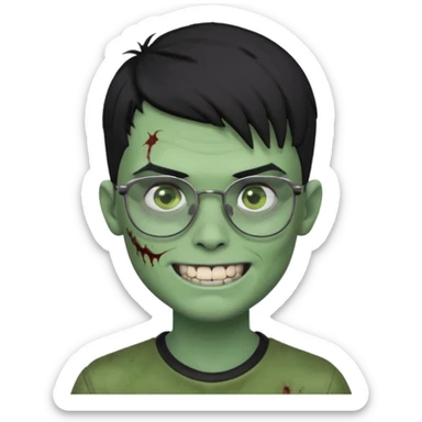 zombie boy, modern hair, green skin, black hair, glasses, risk on the eyebrow, scars, creepy expression, smile, silver teeth sticker