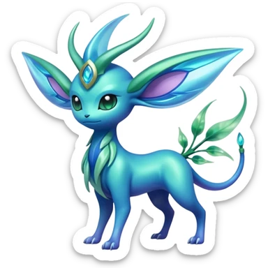 Futuristic shiny pastel bioluminescent transparent translucent iridescent glowing neon cool tough evil Suicune-Bayleaf-Celebi-Pokémon-Fakémon-hybrid-creature sticker