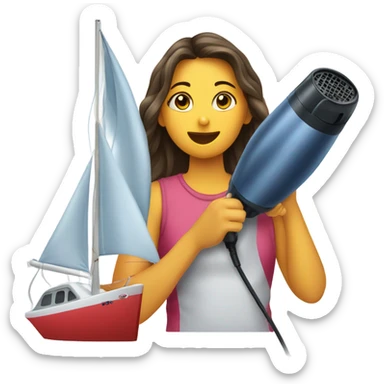 Girl is drying wet sailboat using the hair dryer sticker