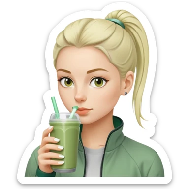 Swedish girl with sage green jacket drinking pre workout shake middle part slick back bun sticker