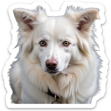A pure white Border Collie dog sitting, with fluffy fur, alert pointed ears, and friendly expression sticker