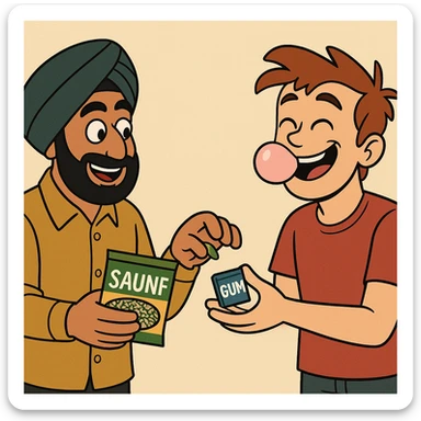 playful cartoon scene with one character named Sardar holding a packet of saunf, another character smiling and chewing gum, both exchanging their snacks, friendly and humorous mood sticker