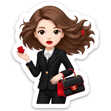 White girl with brown long hair dressed up in black chanel tweed suit with a red chanel bag and red lipstick. Close up with wind blowing her hair looking fancy sticker