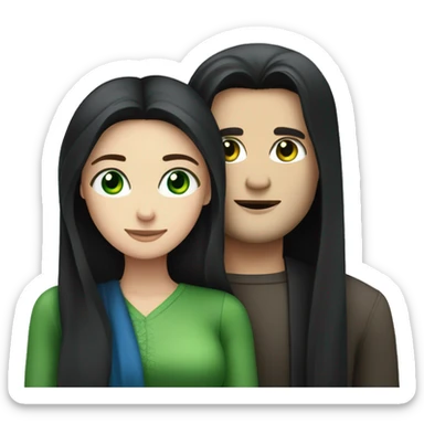 White brunette man with blue eyes hugging white woman with long straight black hair and green eyes sticker