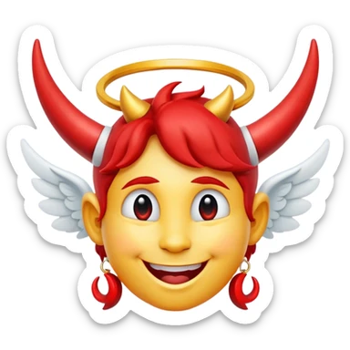 angel smiley face with big red crooked halo and 2 red horns sticker