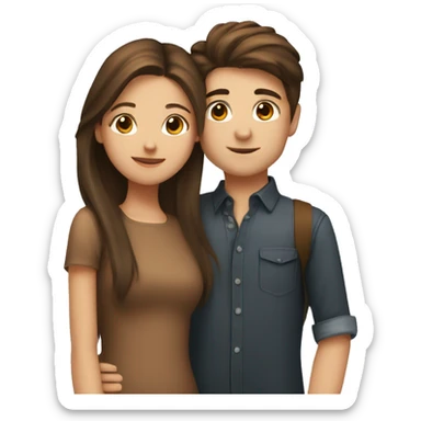 A girl with long brown hair kissing a boy on the cheek, he has short brown hair  sticker