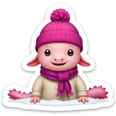 Axolotl playing in snow with winter clothes. sticker