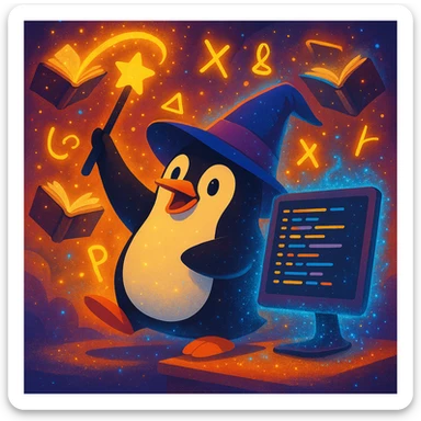 Make the penguin wizard scene even more magical, with glowing runes, swirling sparkles, floating spellbooks, and a shimmering aura around the penguin and computer screen. Enhance the magical atmosphere with vibrant mystical effects. sticker