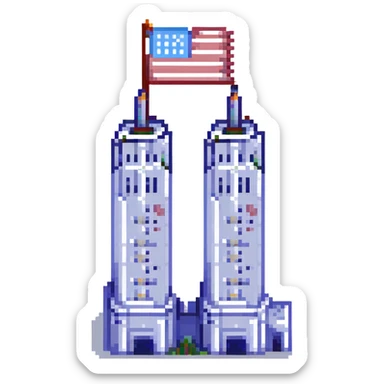 pixel art of the Twin Towers with an American flag sticker