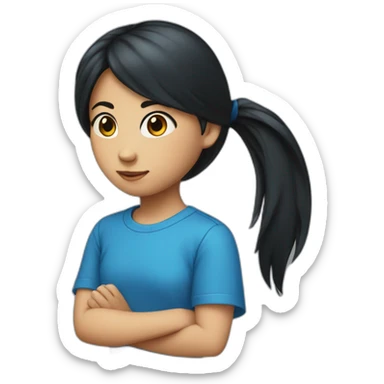 A 11 year old girl wearing a blue t shirt with long black hair which is tied in a pony tail sticker