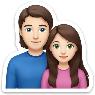 “A pink Polaroid-style photo of a couple: a white woman with long brunette hair and blue eyes, and a white man with short brunette hair and green eyes.” sticker