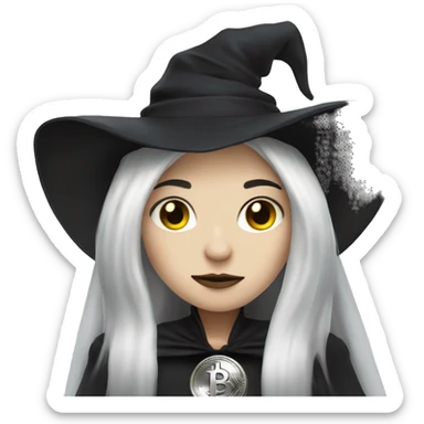 Goth witch with bitcoin, cute, white skin, white long hair sticker