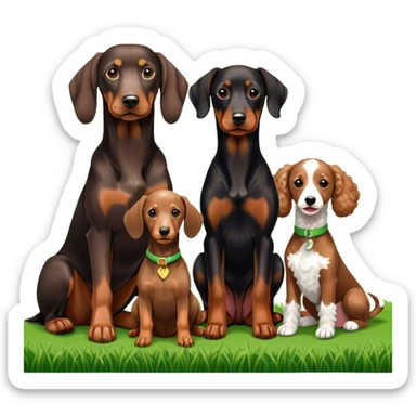 Close-up of a Doberman Pinscher, a Dachshund and a Poodle sitting together on lush green grass. The background features a beautiful, serene nature view with rolling hills and bright blue skies. The dogs' sleek coats shine under the sun. Transparent background. sticker