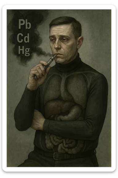 Realistic medical style illustration of a man aged 30-40 years with pale skin, dull eyes, and a tired face, inspired by the reference photo. He holds an electronic cigarette emitting dark smoke with chemical symbols Pb, Cd, Hg. His body is transparent showing dark liver and intestines. The atmosphere is gloomy with metallic colors, realistic medical style. sticker