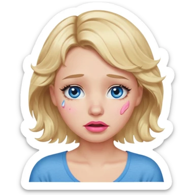 Girl Blonde short wavy hair,  blue eyes, cute blue top, long lashes, pink lips,crying with tears running down the face  sticker