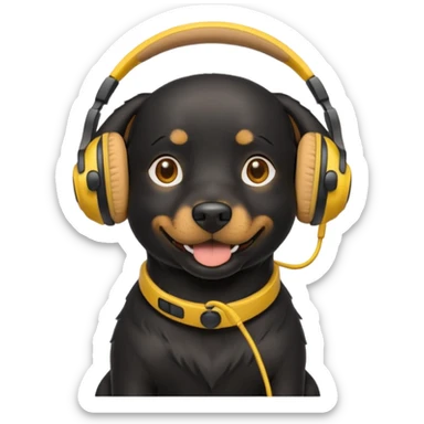 black happy dog wearing yellow headphones sticker