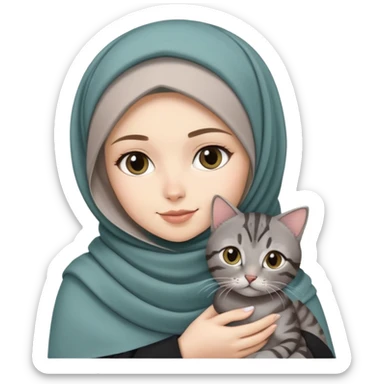 White girl wearing pretty hijab holding a black grey tabby cat sticker