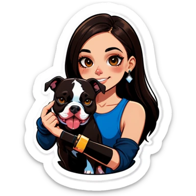  beautiful girl with choppy long dark hair with her nose piercing and her black iPhone with her her pet pit bull girl with an underbite layed next to her sticker